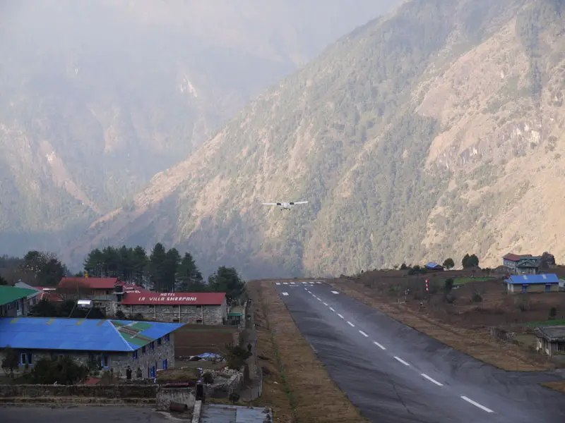 The incredible drop-off runway at Lukla Airport, Nepal