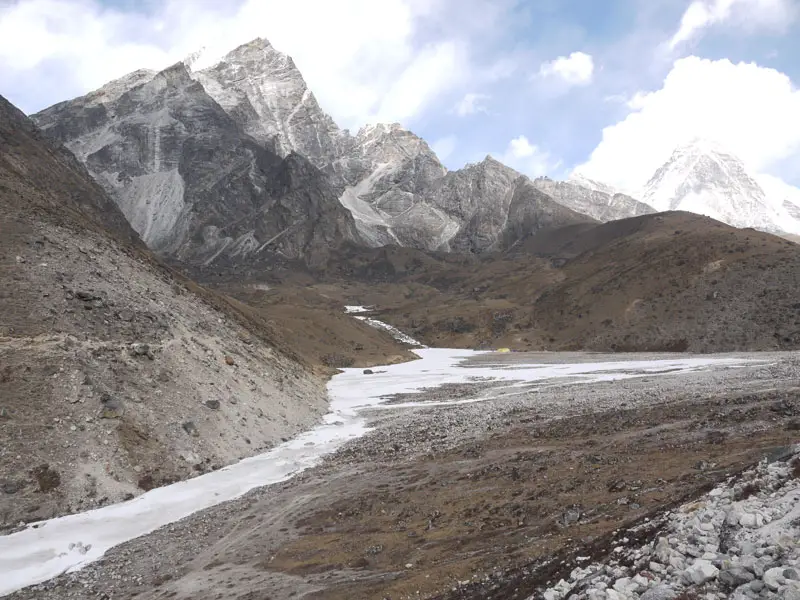 Frozen lake where the Lobouche Base Camp is located on the Everest Base Camp trail