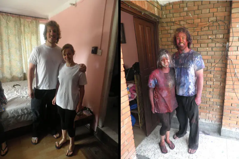Noelle and Brian celebrating Holi in Kathmandu; before and after