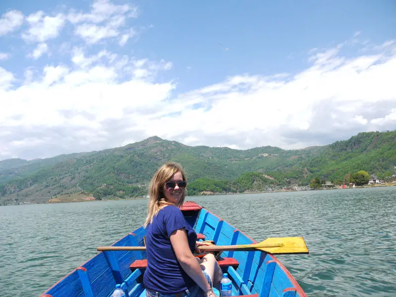 Noelle enjoying the warm weather ona rowing boat in Phewa Tal Lake, Pokhara