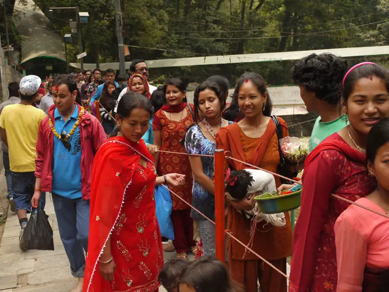 Pilgrims queue to enter the temple at Dakshinkali