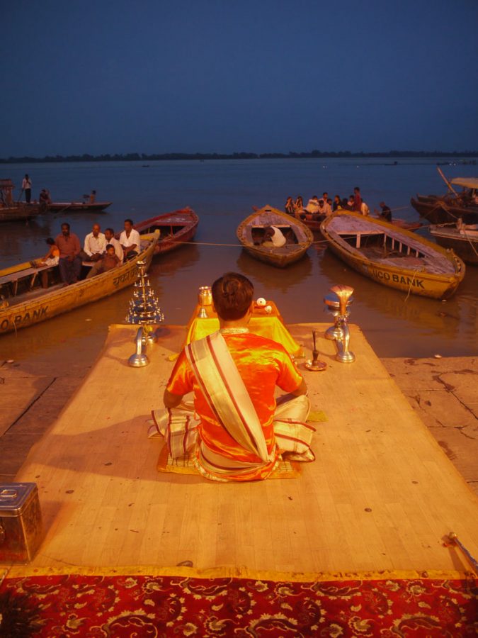 Preparing for the Ganga Aarti celebration, Varanasi
