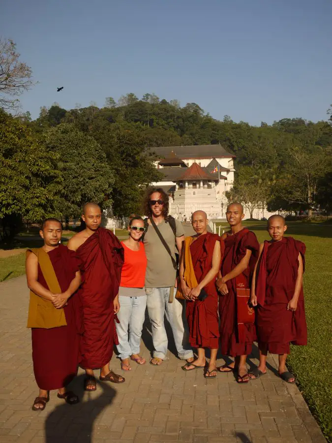 Us with Buddhist monks from Myanamar outside the Temple of The Sacred Tooth Relic, Kandy, Sri Lanka