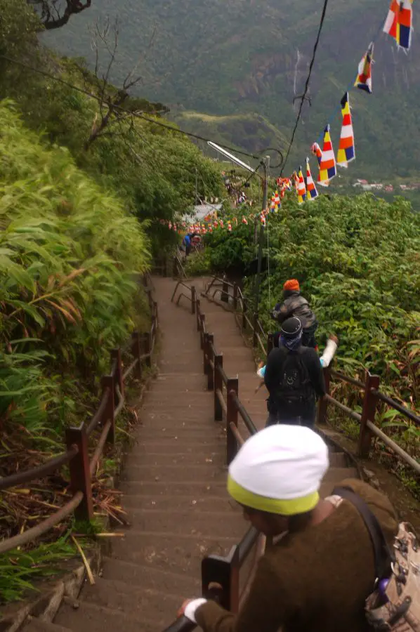 Steep stairs on the trail, lined with prayer flags, Adam's Peak, Sri Lanka