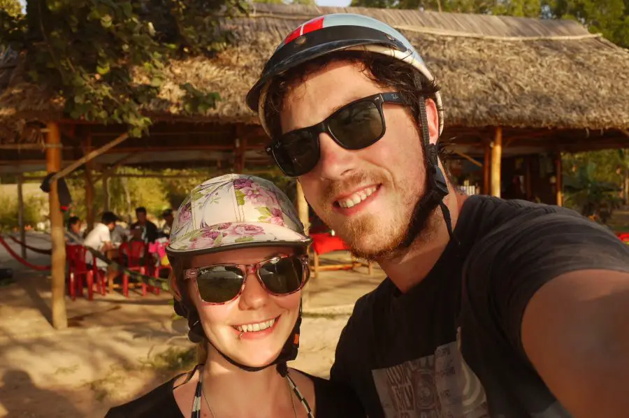 Our trendy bike helmets for our scooter trip around Phuc Quoc