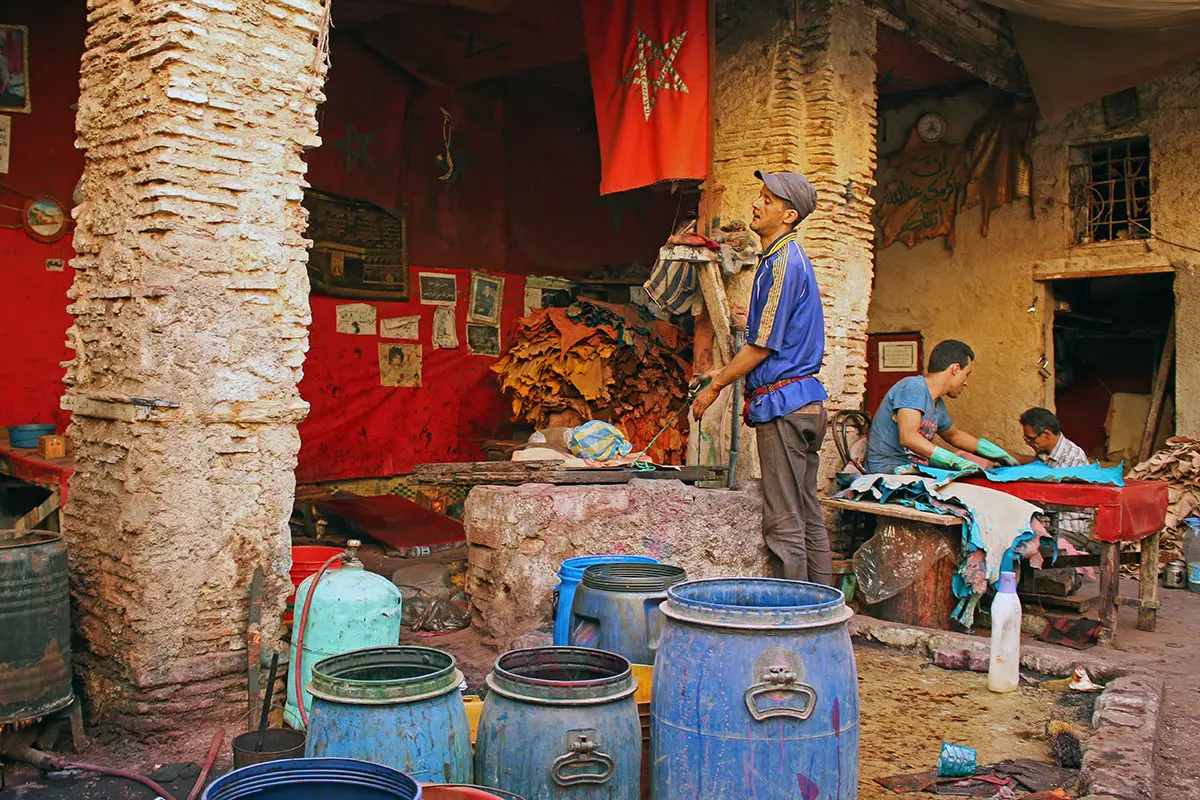 Tanneries where leather is treated in the Fez Medina