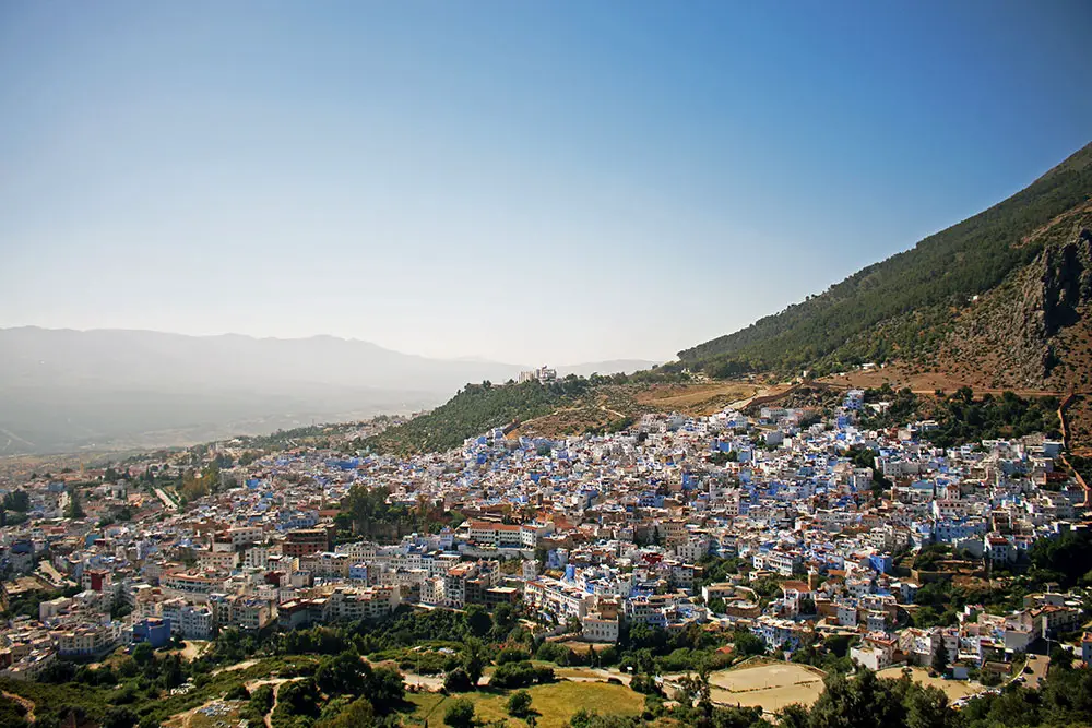 Views over Chefchaouen and the surrounding Riff Mountains.