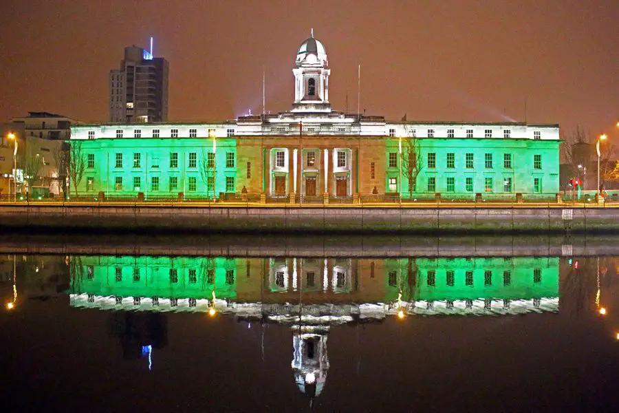Cork City Hall at night and lit up in green for Patrick's Day | County Cork