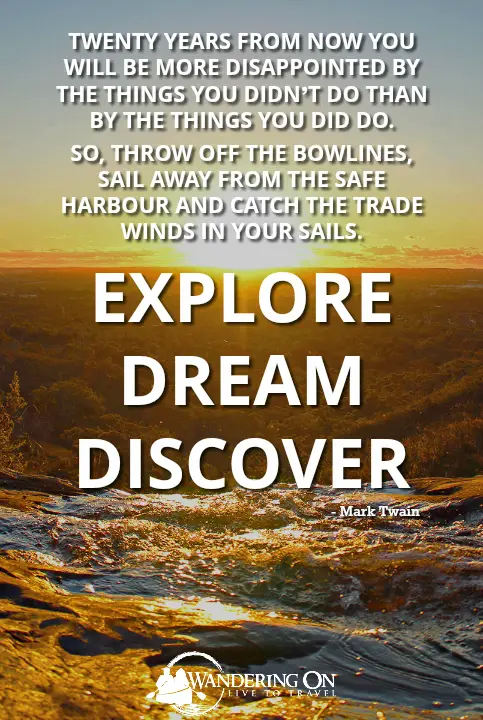 Explore Dream Discover - Mark Twain | Quote | Sunset with waterfall in the foreground