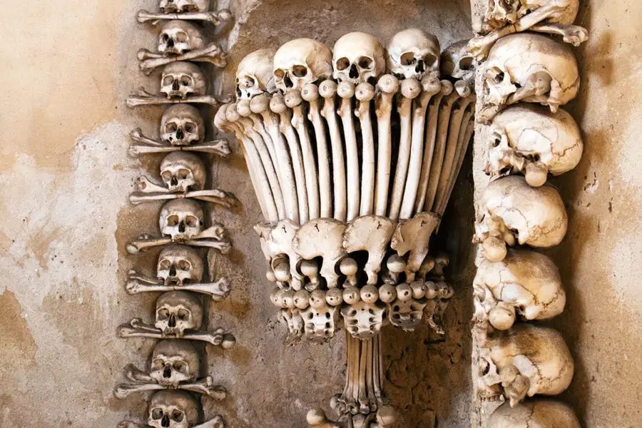 A candelabra made entirely of human skulls and bones! | Kutna Hora bone church