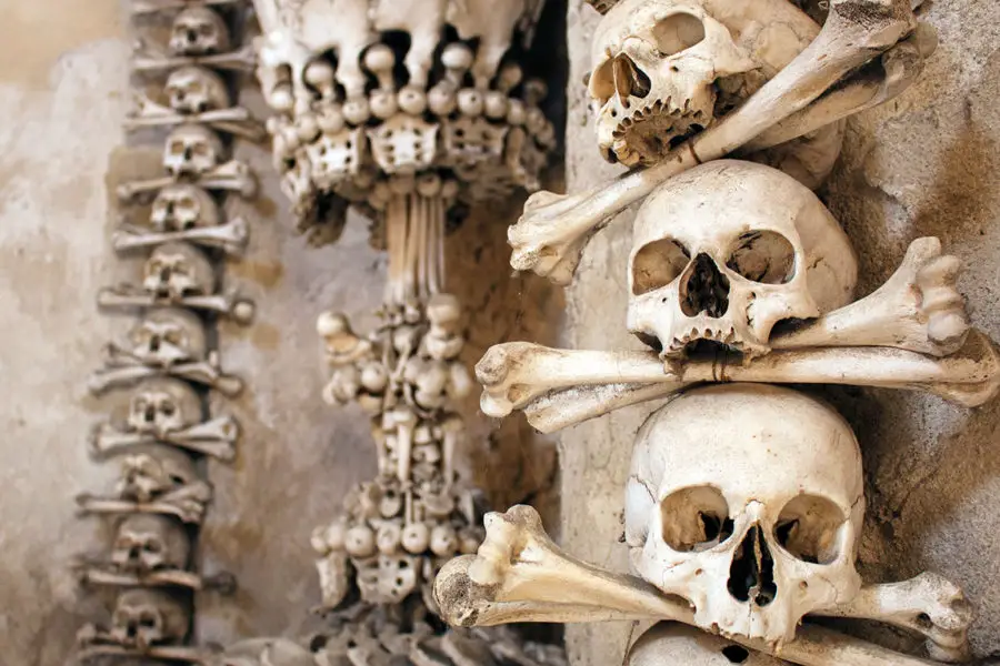 More macabre bone decorations in Sedlec Ossuary | A day trip from Prague to Kutna Hora bone church