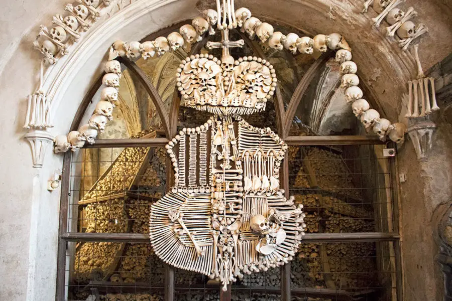 The Schwarzenberg family coat of arms executed entirely in bone | A day trip from Prague to Kutna Hora Church of bones | Sedlec Ossuary